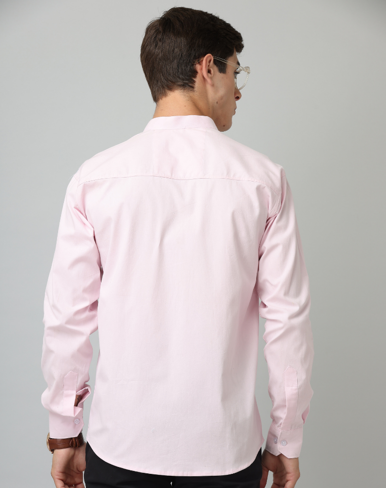 Chinese Collar Light Pink Tailored Fit Cotton Casual Shirt for Man