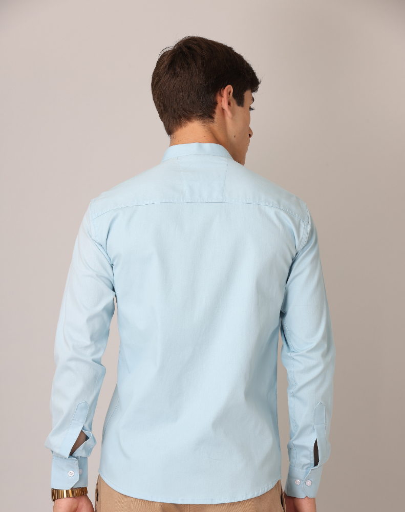 Chinese Collar Light Blue Tailored Fit Cotton Casual Shirt for Man