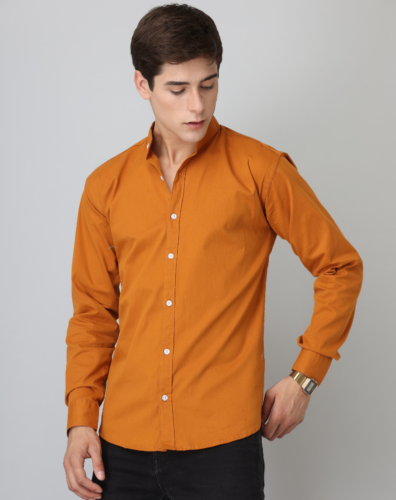 Chinese Collar Mustard Tailored Fit Cotton Casual Shirt for Man