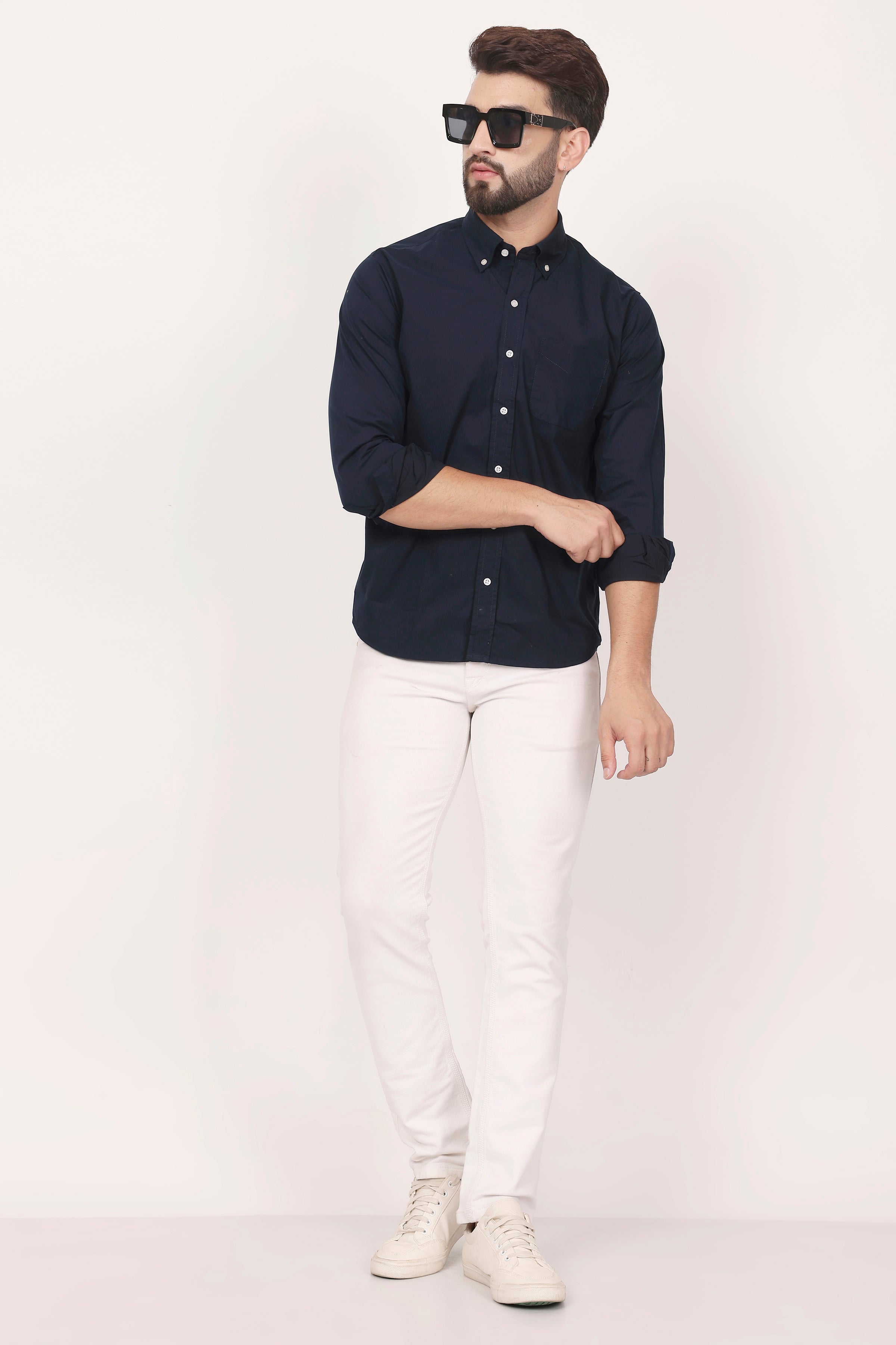 Unisex Navy Plaid Cotton Button Down Shirt For Summer Loose Fit Casual Daywear Everyday Essential