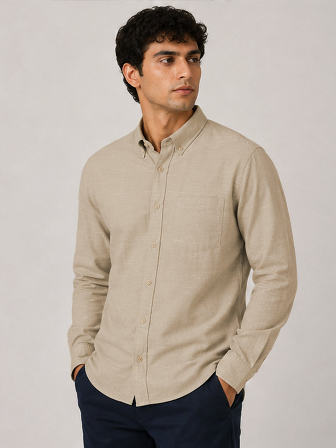 Beige Linear Linen Shirt