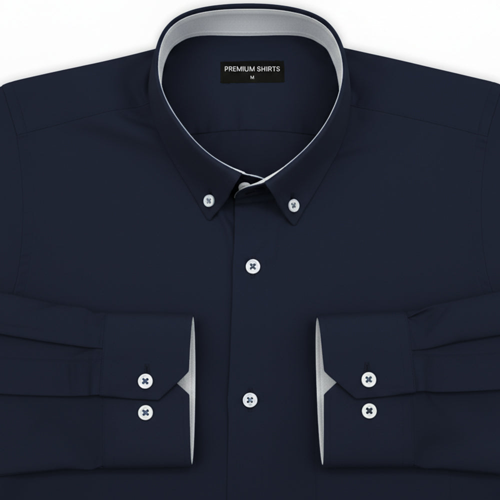 Navy Blue Satin Contrast Collar Shirt for Men