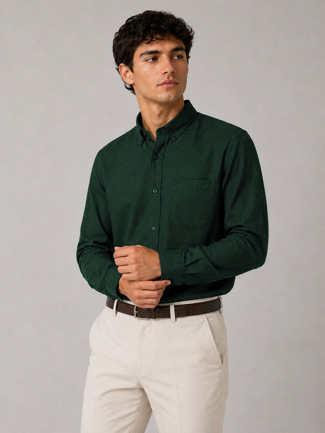 Bottle Green Linear Linen Shirt