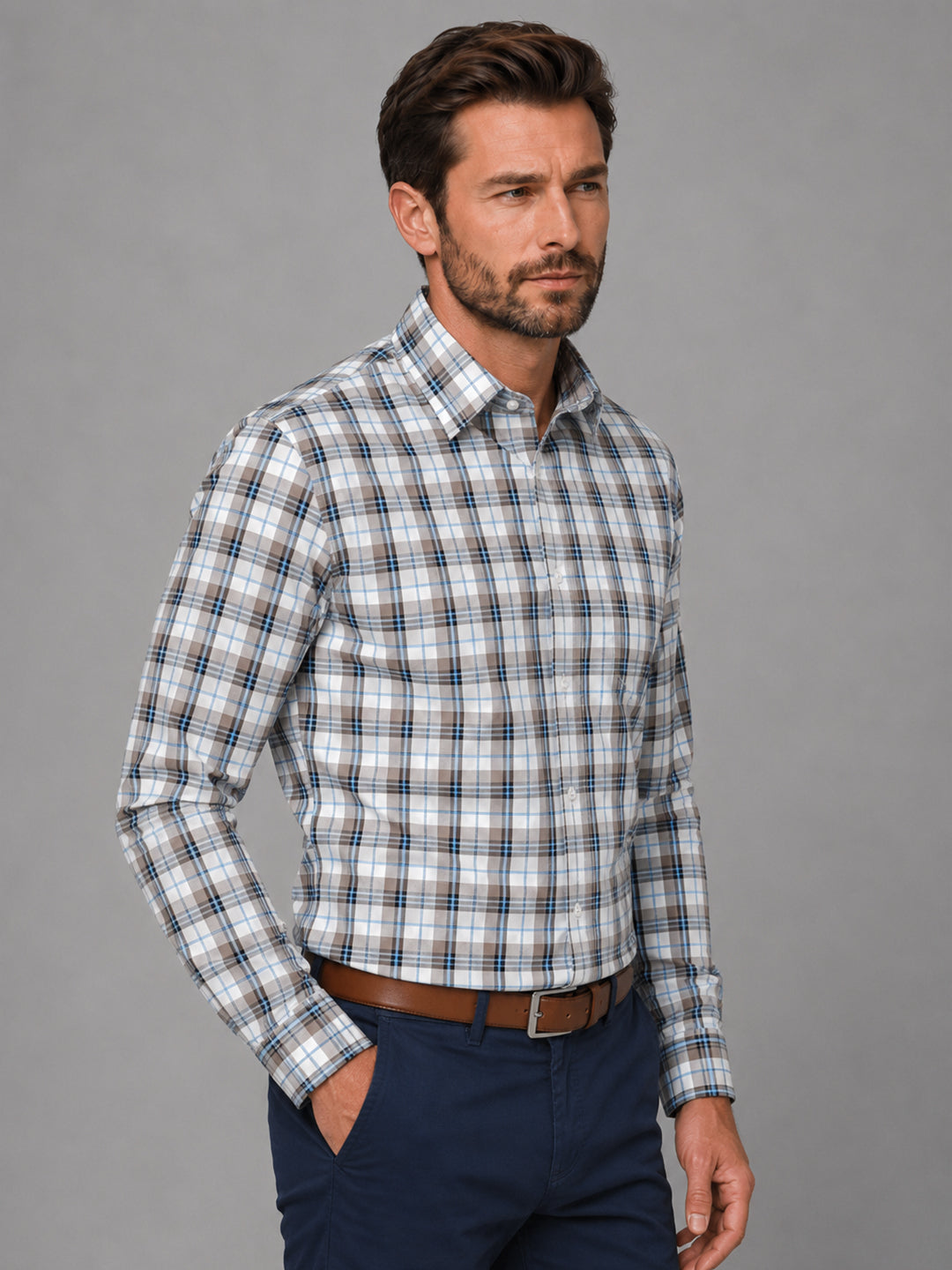 Beige Tartan Check Cotton Shirt For Men