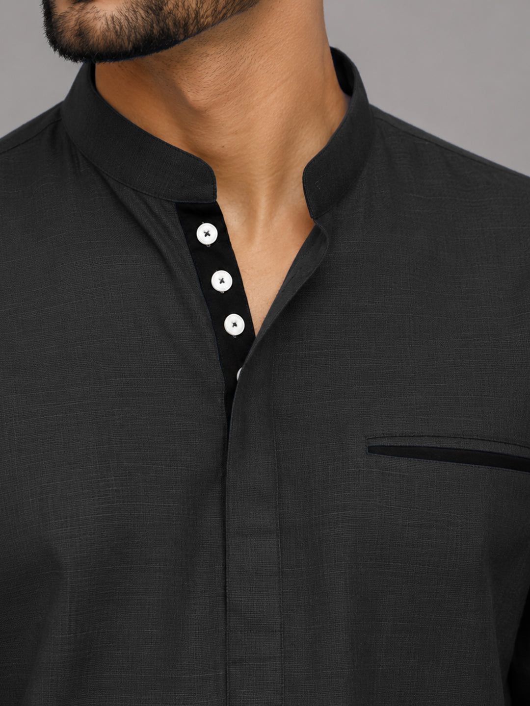 Urban Fit Dark Grey Short Linen Kurta For Men