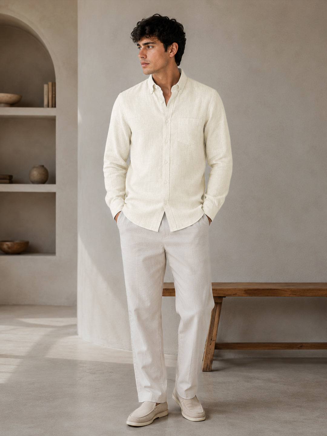 Off White Down Button Casual Linen Shirt