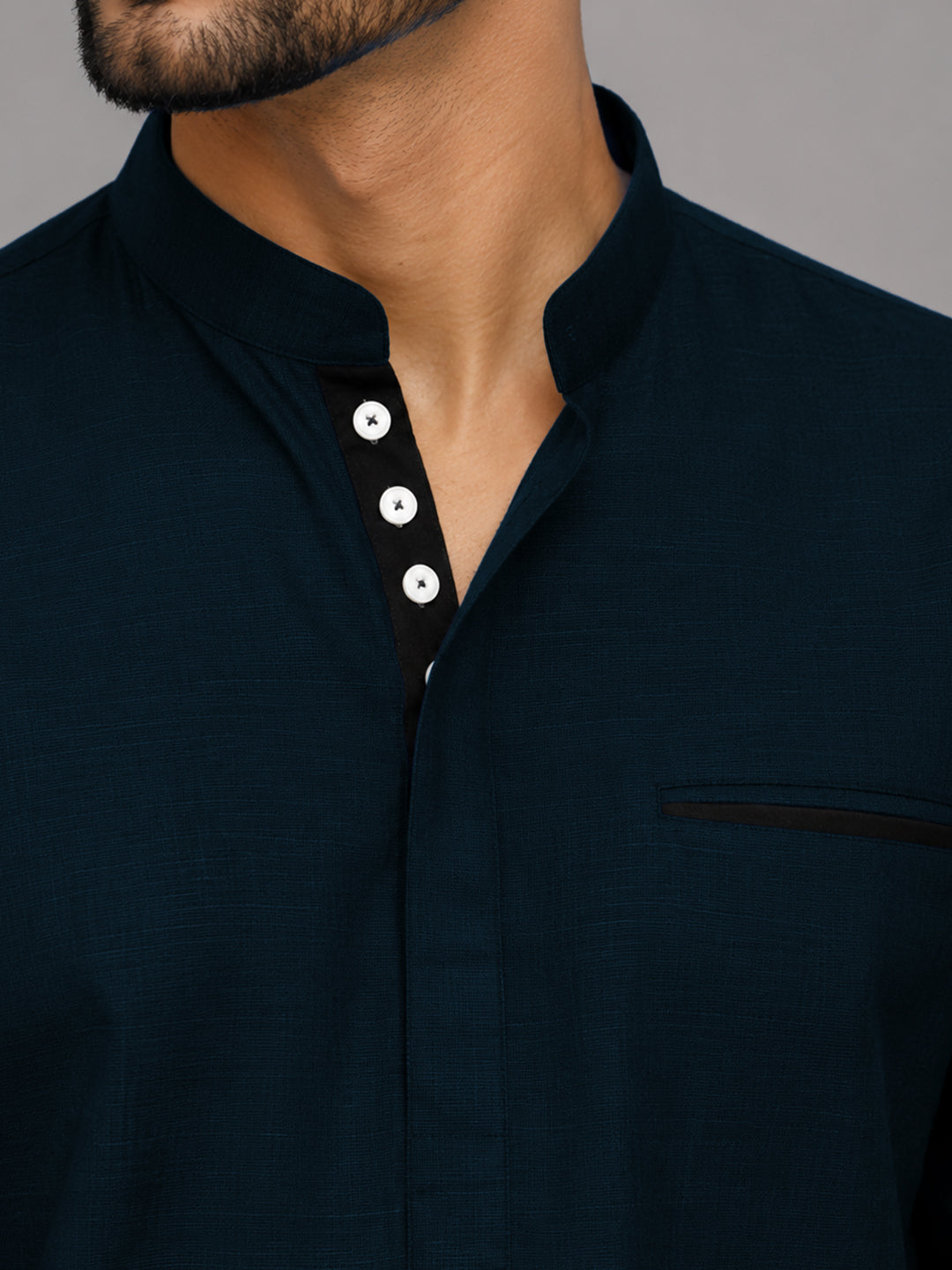 Urban Fit Navy Blue Short Linen Kurta For Men