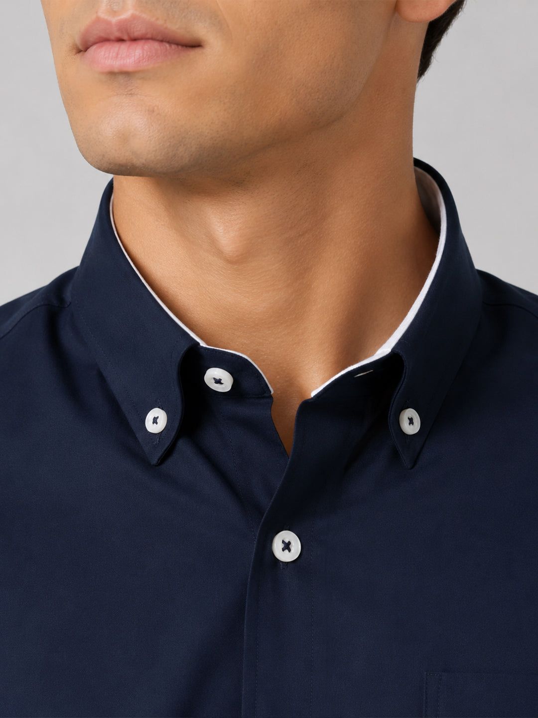 Navy Blue Satin Contrast Collar Shirt for Men