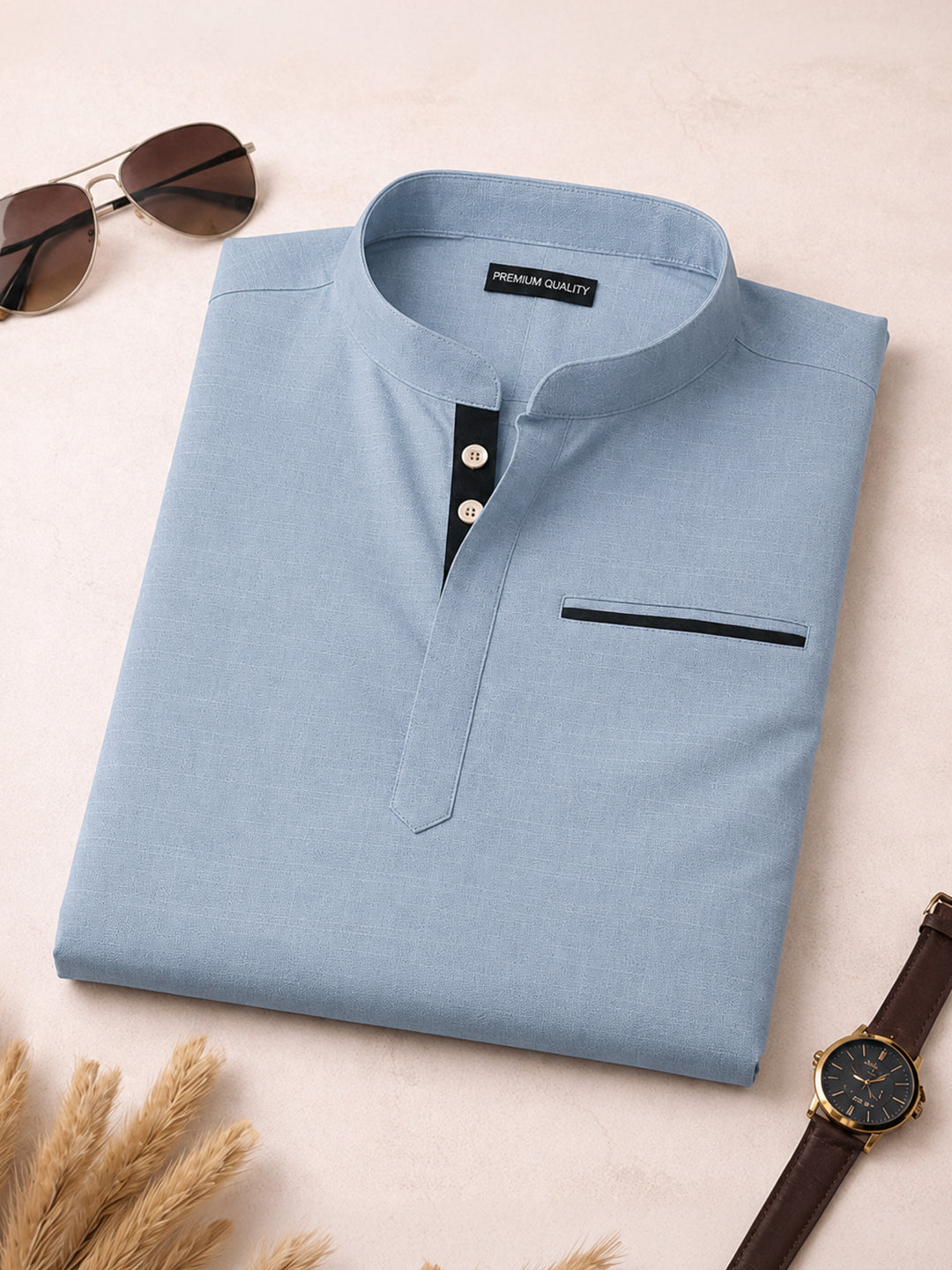 Pack Of 2 Urban Fit Light Blue & Bottle Green Short Linen Kurta For Men