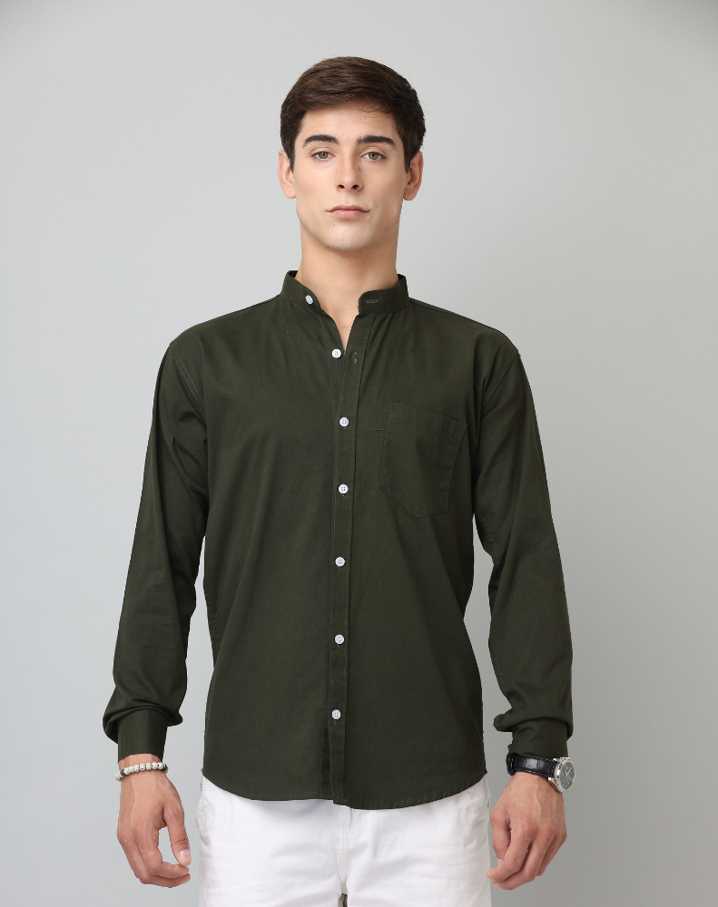 Chinese Collar Bottle Green Tailored Fit Cotton Casual Shirt for Man