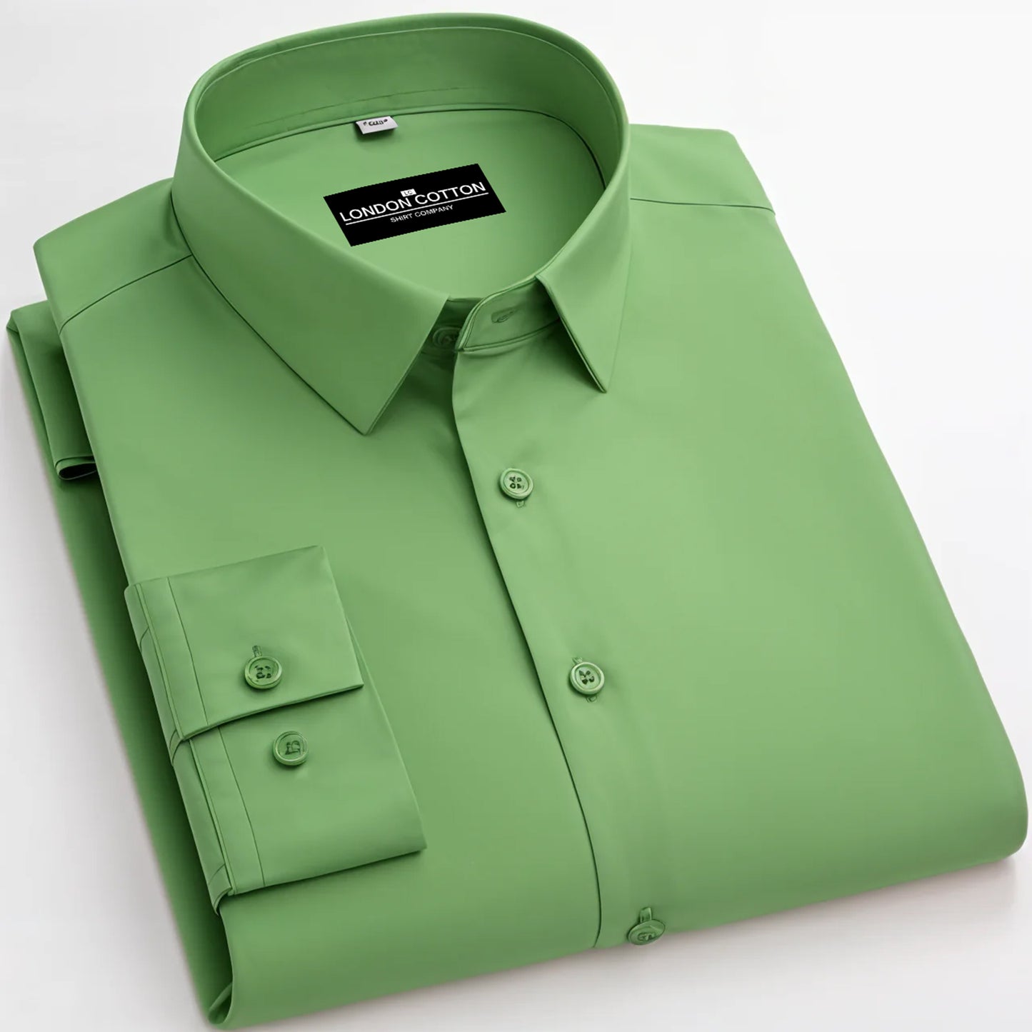 Green dress shirt with a visible brand label on a white background