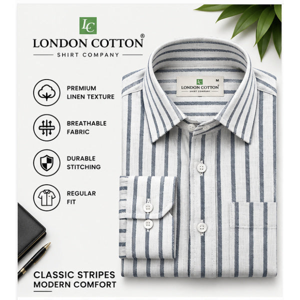 Men's Grey & Navy Blue Striped Linen Textured Shirt – Regular Fit