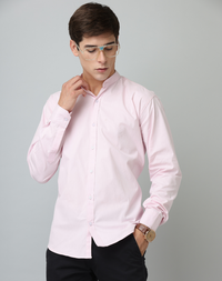 Chinese Collar Light Pink Tailored Fit Cotton Casual Shirt for Man