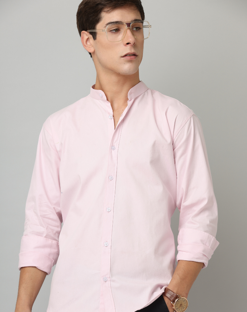 Chinese Collar Light Pink Tailored Fit Cotton Casual Shirt for Man