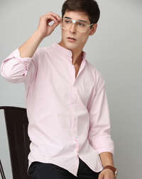 Chinese Collar Light Pink Tailored Fit Cotton Casual Shirt for Man