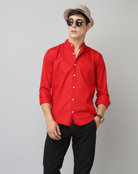 Chinese Collar Red Tailored Fit Cotton Casual Shirt for Man