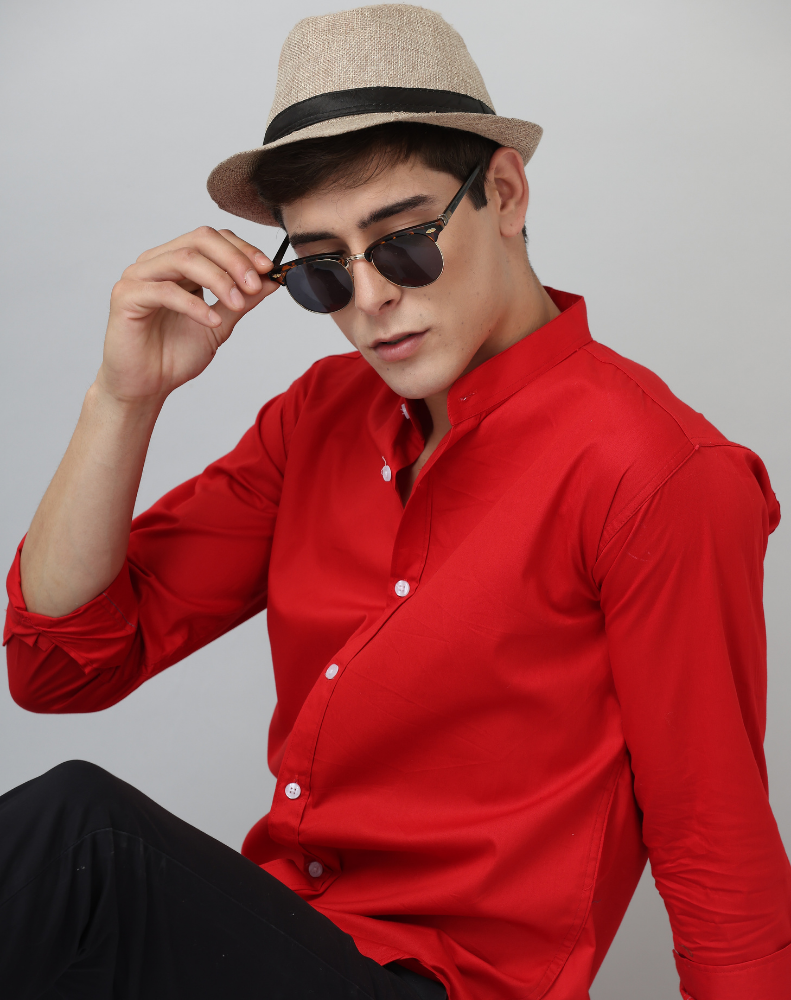 Premium Chinese Collar Red Tailored Fit Cotton Casual Shirt for Man