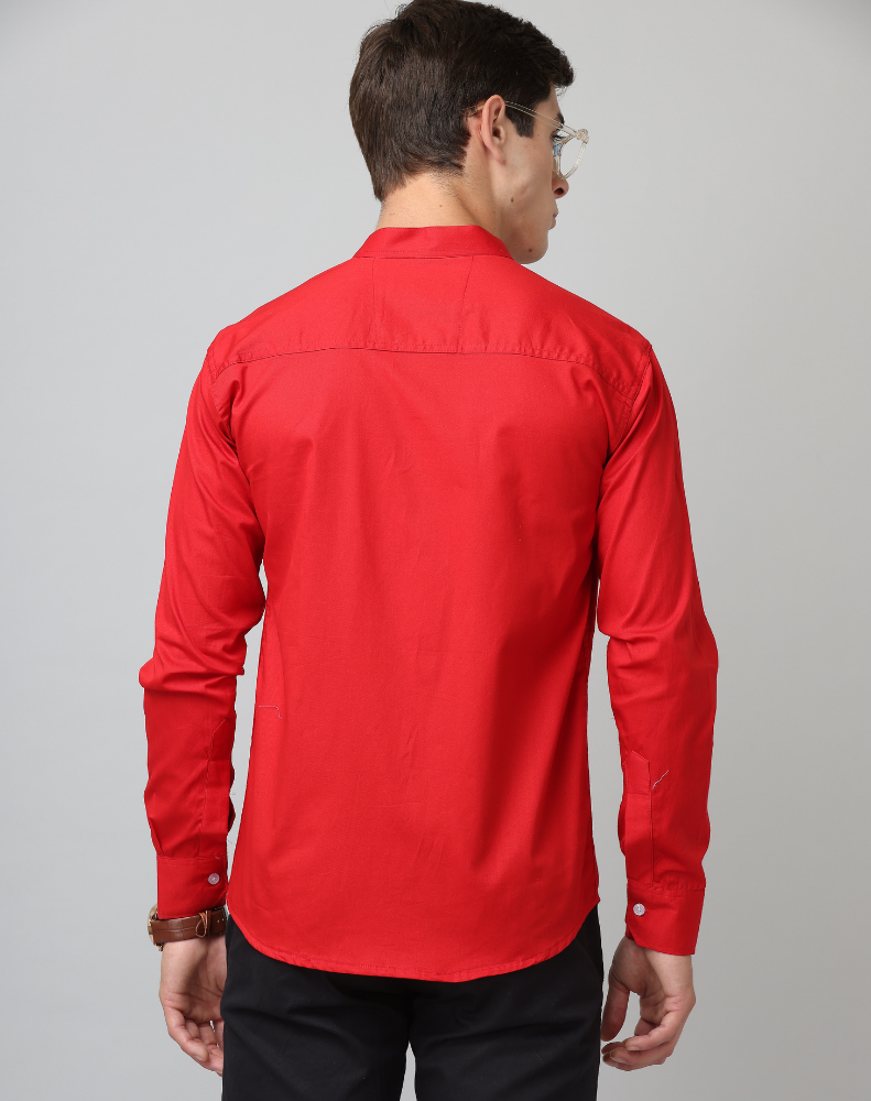 Chinese Collar Red Tailored Fit Cotton Casual Shirt for Man