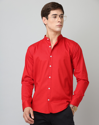 Chinese Collar Red Tailored Fit Cotton Casual Shirt for Man