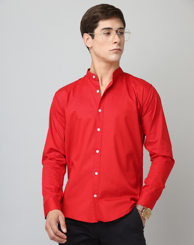 Premium Chinese Collar Red Tailored Fit Cotton Casual Shirt for Man