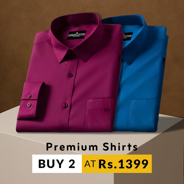 Two folded premium shirts, one purple and one blue, on a brown background with promotional text.