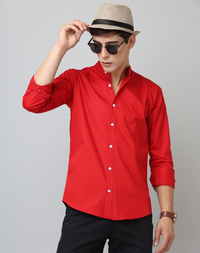 Chinese Collar Red Tailored Fit Cotton Casual Shirt for Man