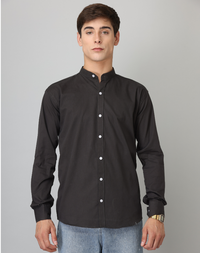 Chinese Collar Black Solid Tailored Fit Cotton Casual Shirt for Man