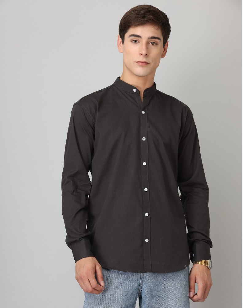 Chinese Collar Black Solid Tailored Fit Cotton Casual Shirt for Man