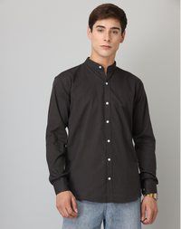 Premium Chinese Collar Black Solid Tailored Fit Cotton Casual Shirt for Man