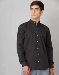 Chinese Collar Black Solid Tailored Fit Cotton Casual Shirt for Man