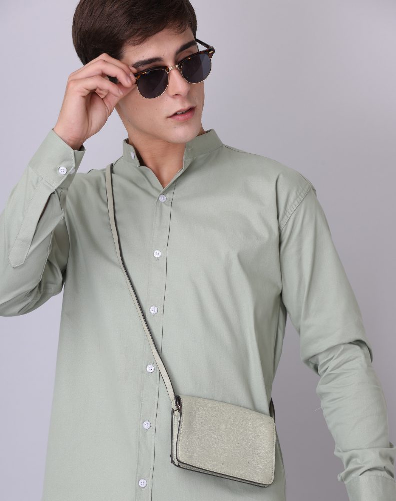 Premium Chinese Collar Pista Tailored Fit Cotton Casual Shirt for Man