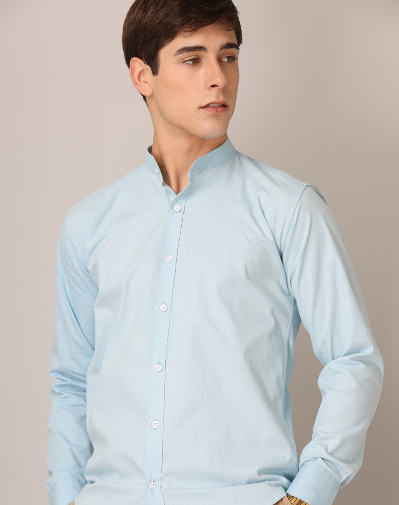 Chinese Collar Light Blue Tailored Fit Cotton Casual Shirt for Man