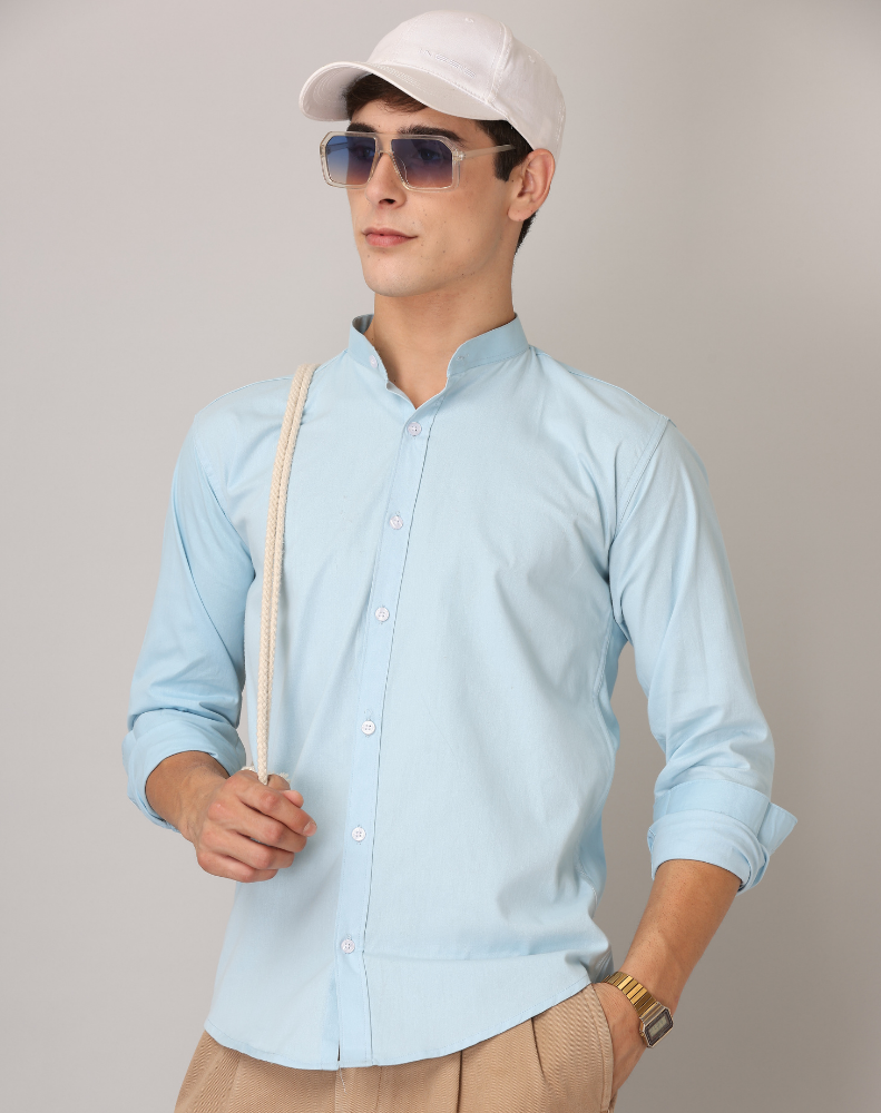 Premium Chinese Collar Light Blue Tailored Fit Cotton Casual Shirt for Man
