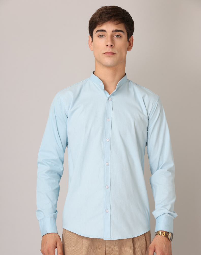 Chinese Collar Light Blue Tailored Fit Cotton Casual Shirt for Man