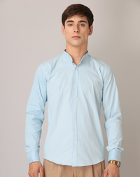 Chinese Collar Light Blue Tailored Fit Cotton Casual Shirt for Man