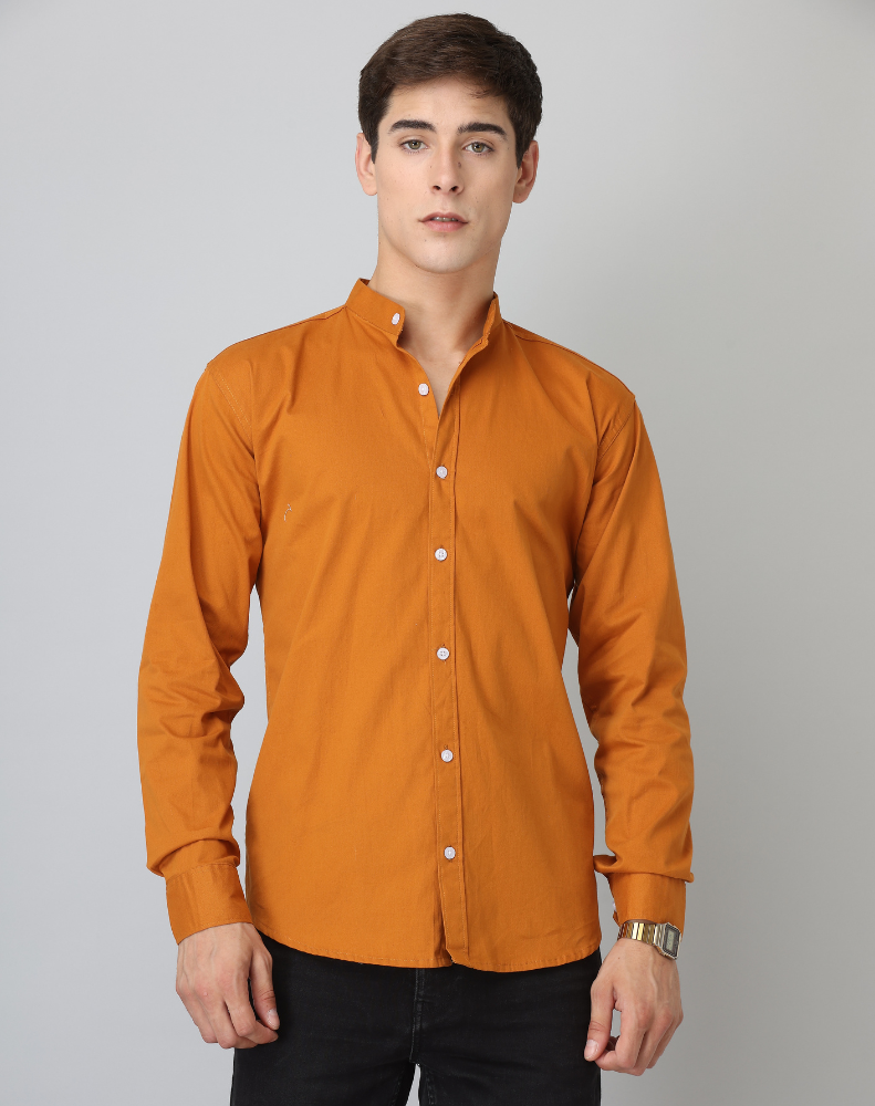 Chinese Collar Mustard Tailored Fit Cotton Casual Shirt for Man