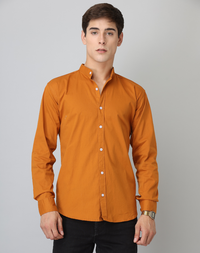 Chinese Collar Mustard Tailored Fit Cotton Casual Shirt for Man