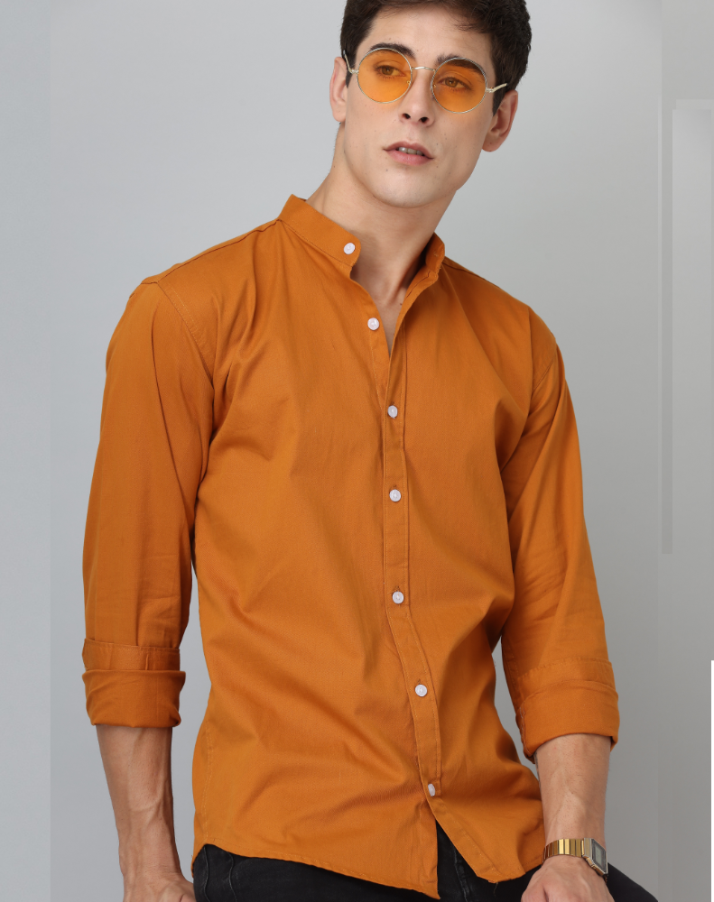 Chinese Collar Mustard Tailored Fit Cotton Casual Shirt for Man