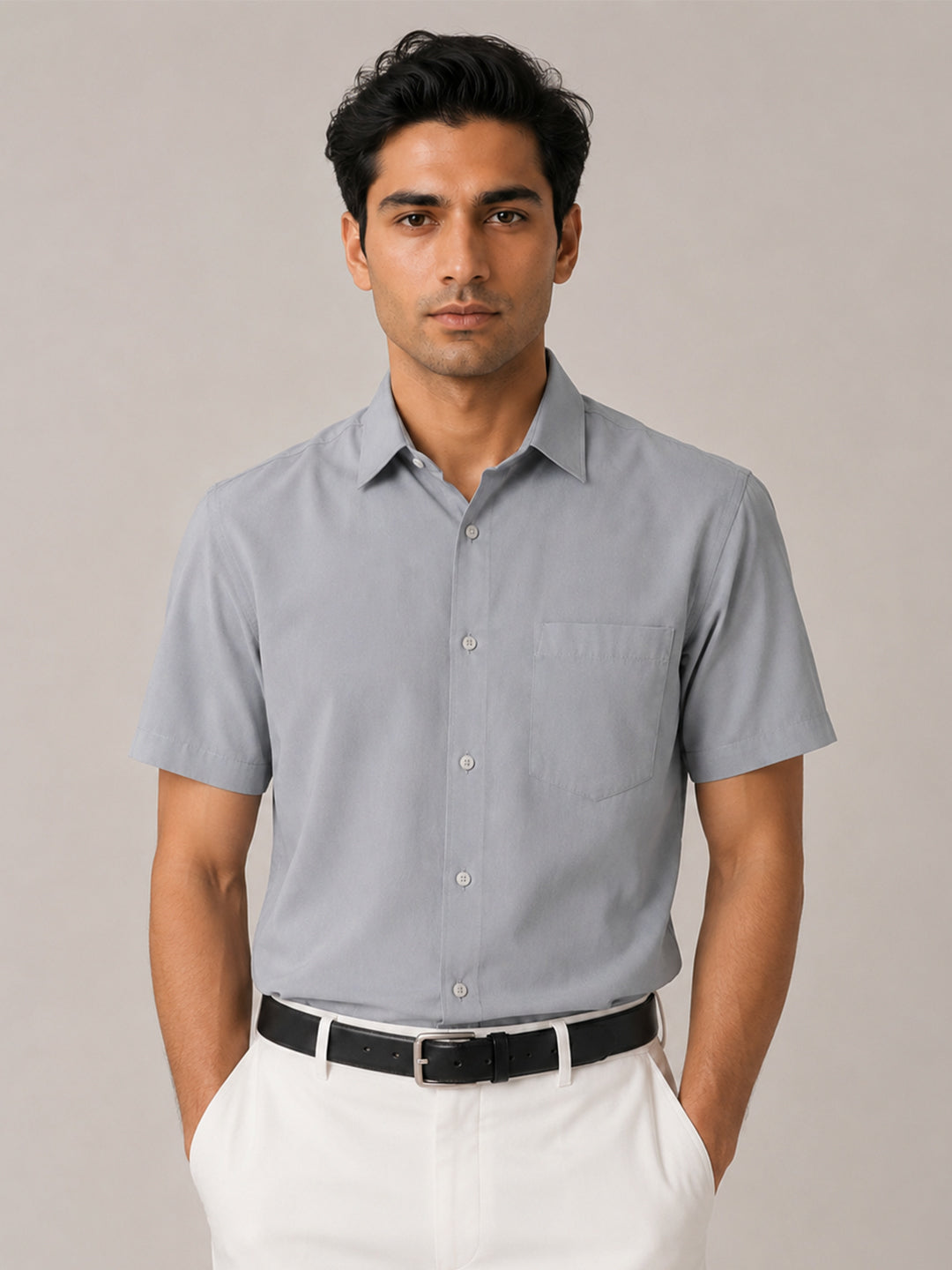 Half Sleeve Paper Cotton Silver Shirt for Men