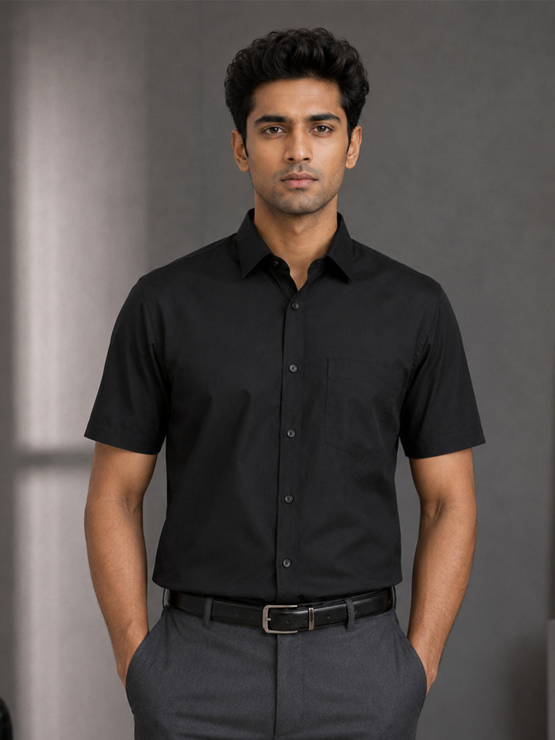 Half Sleeve Paper Cotton Black Shirt for Men