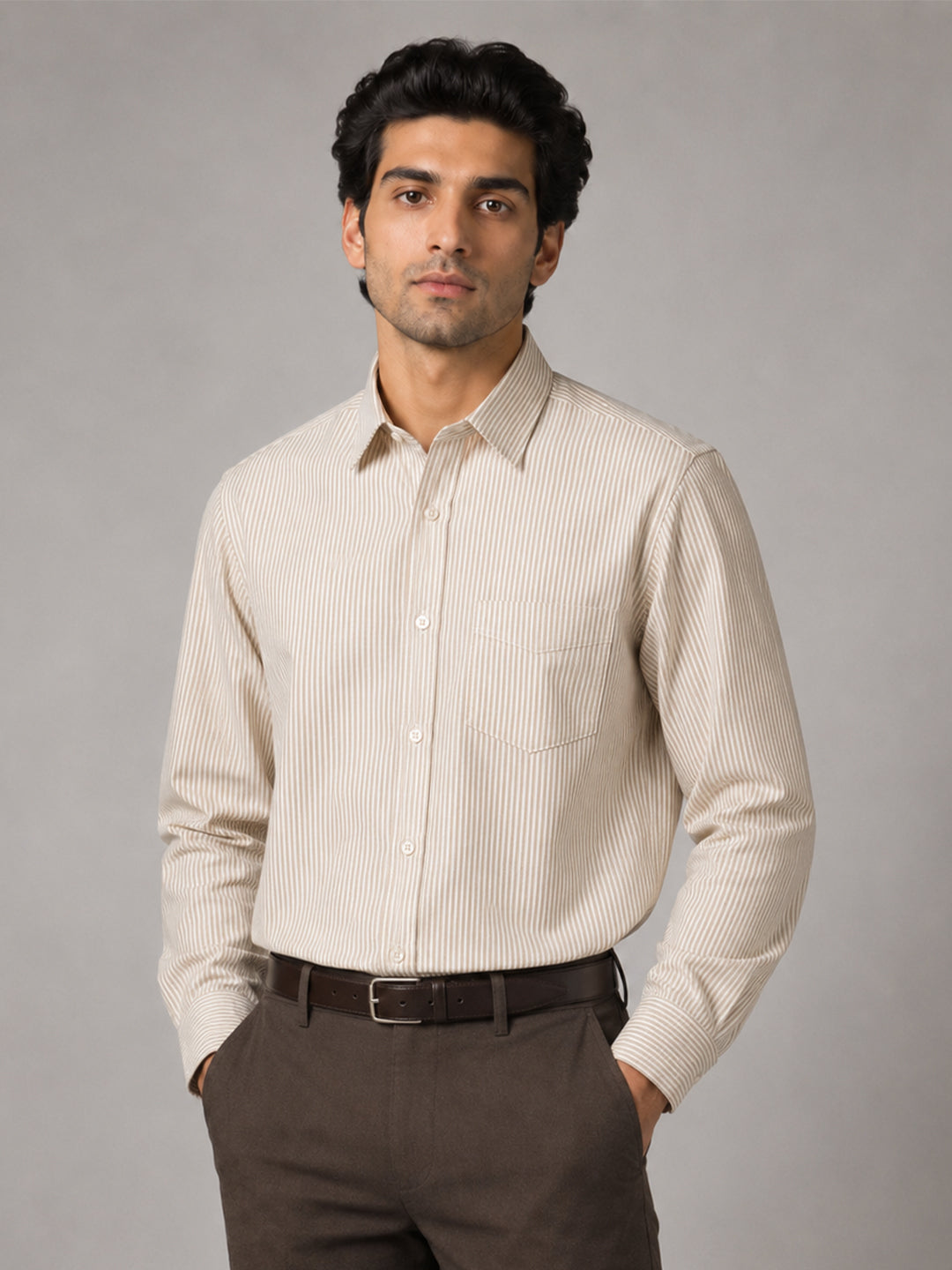 Beige & Light Green Stripe Oxford Pack of 2 Shirts For Men