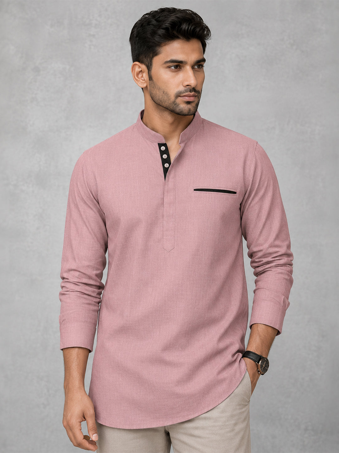 Urban Fit Rose Gold Short Linen Kurta For Men