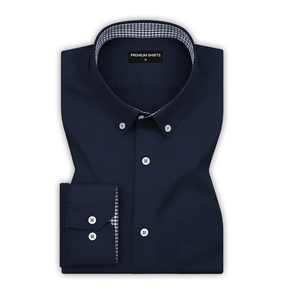 Navy Blue Satin Check Contrast Collar Shirt for Men