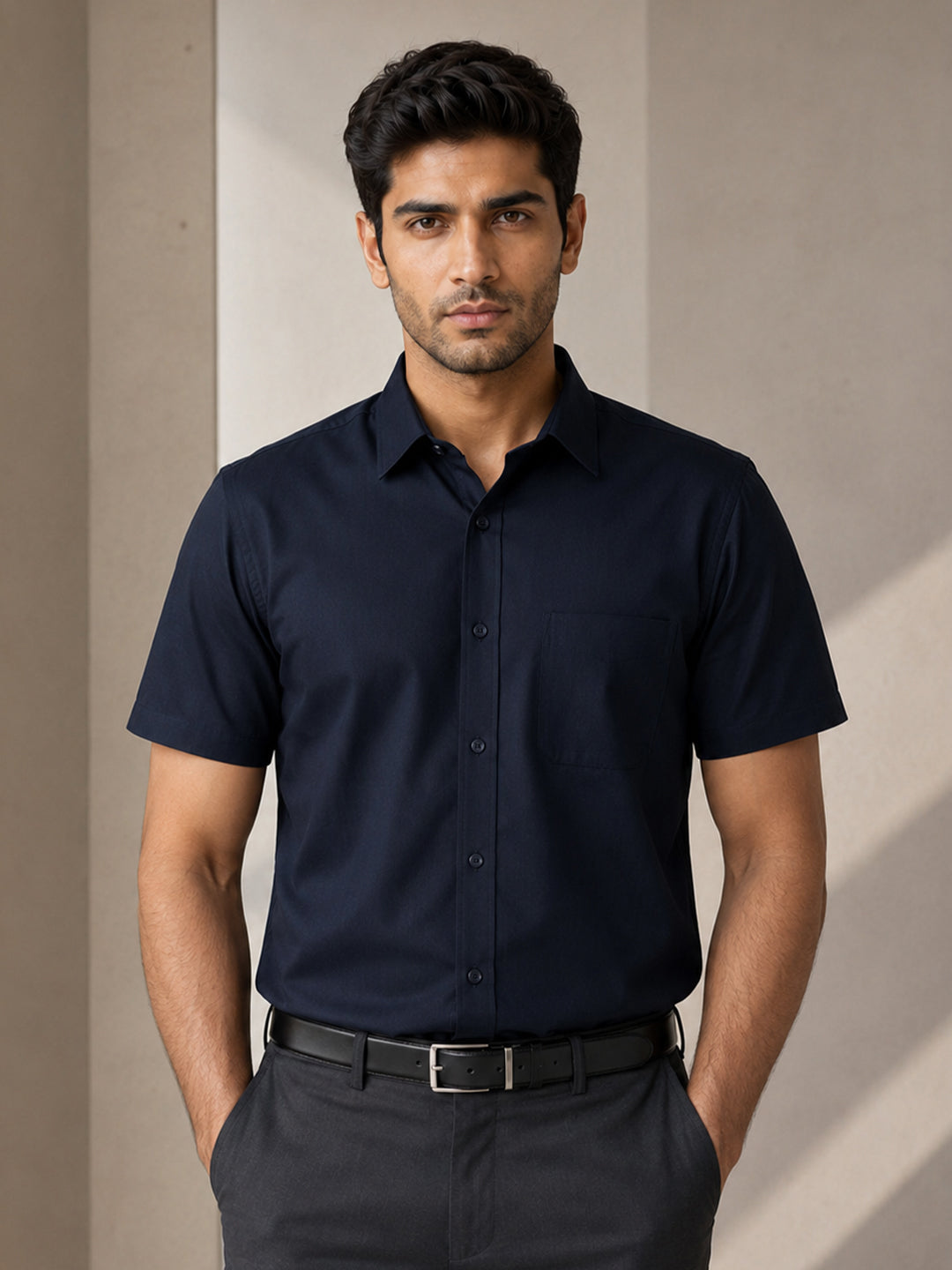 Half Sleeve Paper Cotton Deep Navy Shirt for Men