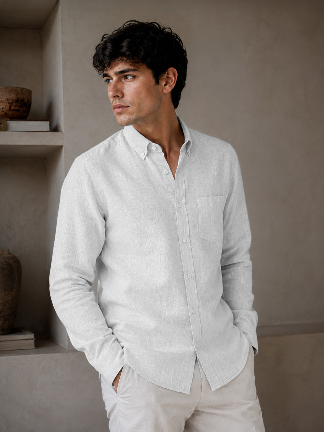 White Down Button Casual Linen Shirt