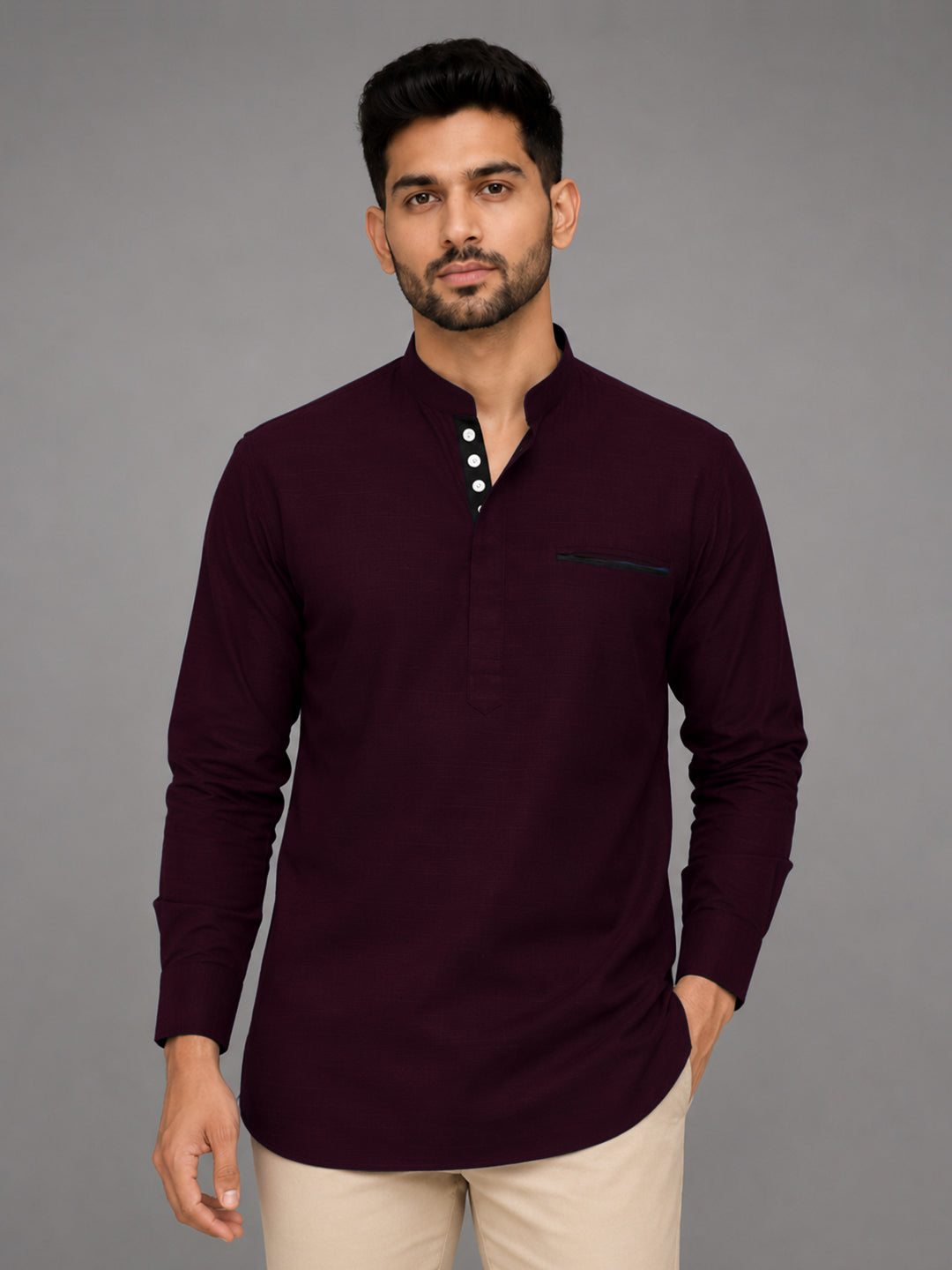 Urban Fit Wine Short Linen Kurta For Men
