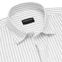 Close-up of a white shirt with black stripes and a 'Premium Shirt' label.