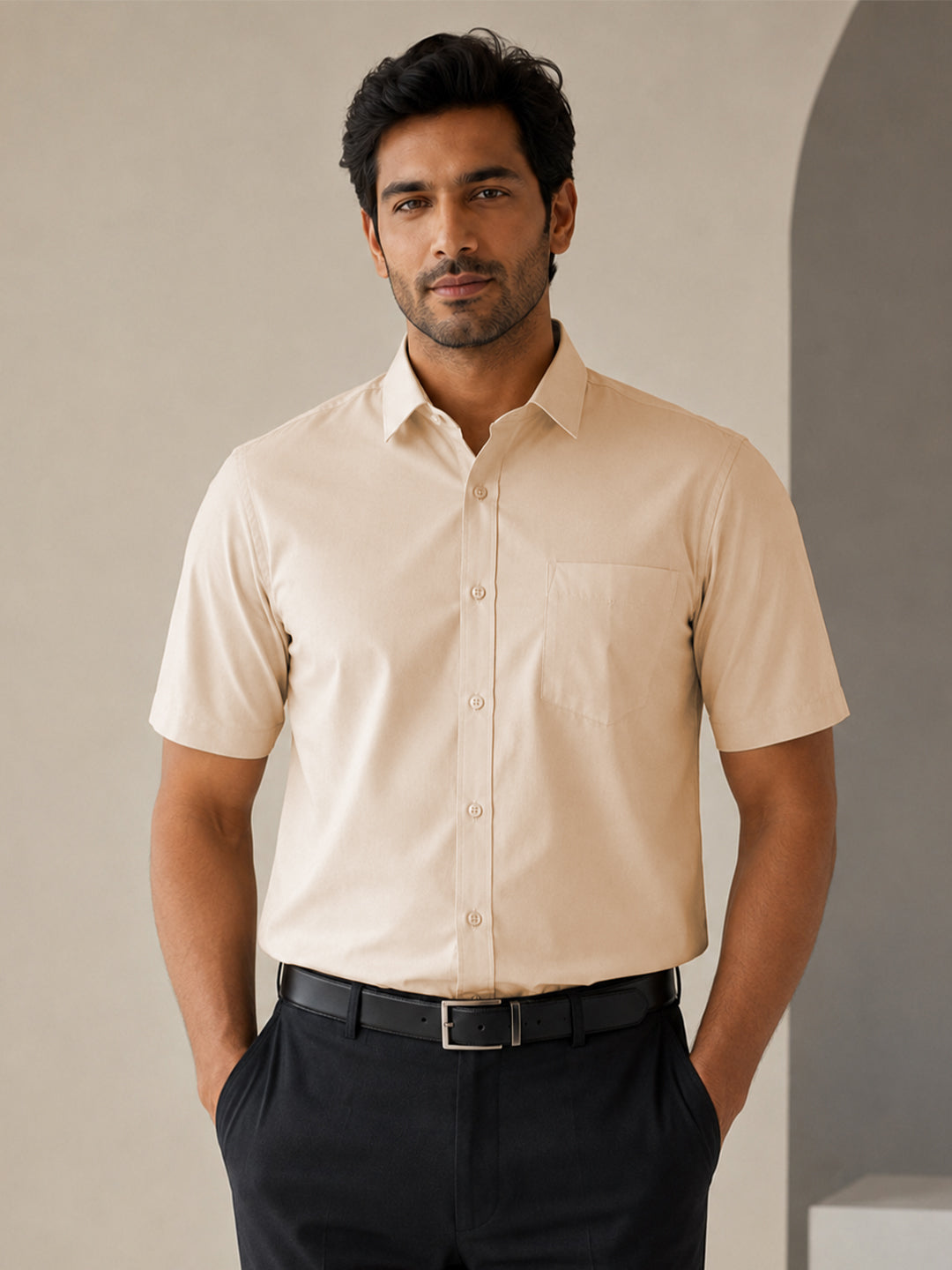 Half Sleeve Paper Cotton Soft Beige Shirt for Men