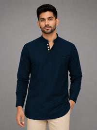 Urban Fit Navy Blue Short Linen Kurta For Men
