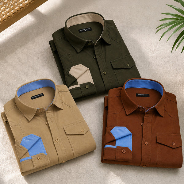 Pack Of 3 Cargo Style Beige, Bottle Green & Brown Shirt